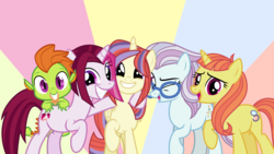 Size: 8000x4500 | Tagged: safe, artist:limedazzle, cayenne, citrus blush, moondancer, north point, thorax, alicorn, dragon, earth pony, pony, unicorn, dancerverse, amending fences, g4, absurd resolution, alicornified, alternate universe, dragonified, glasses, moondancercorn, one eye closed, race swap, raised hoof, show accurate, species swap, wink
