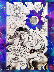 Size: 1500x2000 | Tagged: safe, artist:stasysolitude, nightmare moon, princess celestia, princess luna, alicorn, pony, g4, mixed media, moon, sitting, stained glass, sun, traditional art