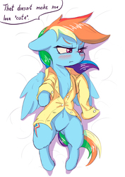 Size: 2480x3508 | Tagged: safe, artist:alcor, rainbow dash, pegasus, pony, g4, blatant lies, blushing, clothes, cute, dashabetes, dialogue, featureless crotch, female, grumpy, grumpy dash, high res, i'm not cute, madorable, mare, on back, shirt, solo, tsunderainbow, tsundere, wing fluff