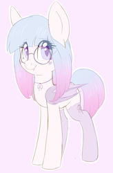 Size: 964x1471 | Tagged: safe, artist:adostume, oc, oc only, bat pony, pony, clothes, cute, cute little fangs, fangs, glasses, gradient background, outline, solo, stockings, thigh highs