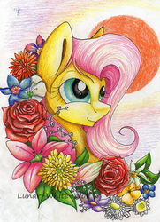 Size: 2424x3353 | Tagged: safe, artist:lunar-white-wolf, fluttershy, pegasus, pony, g4, bust, female, flower, high res, looking up, mare, portrait, smiling, solo, traditional art