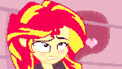 Size: 1000x567 | Tagged: safe, artist:tox-box, sunset shimmer, equestria girls, g4, animated, blushing, female, gif, heart, pixel art, solo