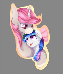Size: 1700x2000 | Tagged: safe, artist:chapaevv, oc, oc only, oc:intrepid charm, pony, bust, cuddling, curved horn, horn, looking at each other, simple background, smiling