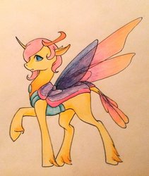 Size: 1024x1214 | Tagged: safe, artist:oneiria-fylakas, oc, oc only, oc:pilupi, changedling, changeling, changedling oc, changeling oc, female, offspring, parent:oc:tina, parent:thorax, parents:canon x oc, raised hoof, simple background, solo, traditional art, white background