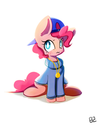 Size: 685x846 | Tagged: safe, artist:pinkieeighttwo, pinkie pie, earth pony, pony, g4, backwards ballcap, baseball cap, cap, clothes, female, hat, rapper pie, simple background, sitting, solo, sweater, white background