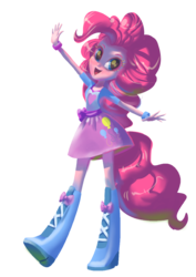 Size: 707x1000 | Tagged: safe, artist:torisakura, pinkie pie, equestria girls, g4, balloon, boots, bracelet, clothes, equestria girls plus, female, high heel boots, jewelry, looking at you, ponied up, pony ears, ponytail, raised leg, simple background, skirt, solo, transparent background