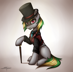 Size: 2000x1985 | Tagged: safe, artist:setharu, oc, oc only, pony, cane, clothes, gradient background, hat, male, necktie, sitting, solo, stallion, top hat
