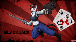 Size: 1440x806 | Tagged: safe, artist:wwredgrave, oc, oc only, oc:blackjack, unicorn, anthro, fallout equestria, fallout equestria: project horizons, abs, amputee, anthro oc, boots, breasts, cleavage, clothes, female, gun, handgun, looking at you, mare, pants, pistol, prosthetic arm, prosthetic limb, prosthetics, smiling, solo, sword, tank top, weapon