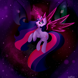 Size: 1280x1280 | Tagged: safe, artist:saralien, nightmare moon, twilight sparkle, alicorn, pony, g4, artificial wings, augmented, female, magic, magic wings, solo, space, stars, twilight sparkle (alicorn), wings