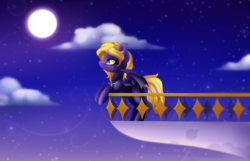 Size: 4500x2906 | Tagged: safe, artist:scarlet-spectrum, oc, oc only, oc:butter cream, bat pony, pony, balcony, cloud, commission, female, full moon, high res, looking up, mare, moon, night, night sky, solo, stars