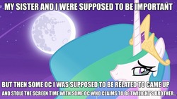 Size: 960x540 | Tagged: safe, edit, edited screencap, screencap, princess celestia, alicorn, pony, a canterlot wedding, celestial advice, g4, female, image macro, implied princess cadance, implied shining armor, mare, mare in the moon, meme, moon, op is a duck, op is trying to start shit, solo