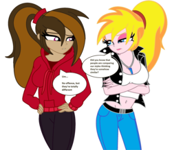 Size: 2341x2047 | Tagged: safe, artist:php198, oc, oc only, oc:cupcake slash, oc:sinfonia krystal, equestria girls, g4, breasts, cleavage, dialogue, female, high res, looking at each other, speech bubble