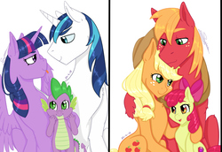 Size: 1744x1200 | Tagged: safe, artist:tejedora, apple bloom, applejack, big macintosh, granny smith, shining armor, spike, twilight sparkle, alicorn, dragon, pony, g4, apple family, apple siblings, brother and sister, cute, heartwarming in hindsight, hug, male, siblings, simple background, sisters, sparkle family, sparkle siblings, tongue out, twilight sparkle (alicorn)