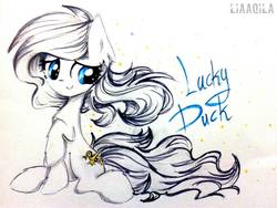 Size: 1024x768 | Tagged: safe, artist:liaaqila, derpibooru exclusive, oc, oc only, oc:lucky duck, pony, commission, female, redo, solo, traditional art
