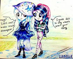 Size: 1080x868 | Tagged: safe, artist:liaaqila, derpibooru exclusive, starlight glimmer, trixie, equestria girls, g4, boots, cape, clothes, commission, dialogue, duo, fall formal outfits, hat, high heel boots, high heels, puddle, shivering, soaked, splash, traditional art, trixie's cape, trixie's hat, wet, wet boots, wet clothes, wet hair, wet mane