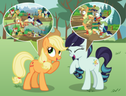 Size: 8974x6816 | Tagged: safe, artist:jhayarr23, applejack, coloratura, nature walk, russell, pony, g4, absurd resolution, camp friendship, laughing, memories, mouth hold, mud, rara, rope, tug of war