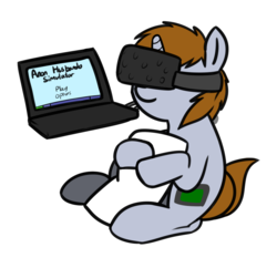 Size: 998x967 | Tagged: safe, artist:neuro, oc, oc only, oc:littlepip, pony, unicorn, fallout equestria, body pillow, computer, cuddling, female, htc vive, husbando, implied anon, implied shipping, laptop computer, mare, simple background, simulator, solo, transparent background, virtual reality, vr headset