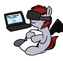 Size: 998x967 | Tagged: safe, artist:neuro, oc, oc only, oc:vannie, bat pony, pony, body pillow, computer, cuddling, female, husbando, implied anon, implied shipping, laptop computer, mare, simple background, simulator, solo, transparent background, virtual reality