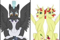 Size: 1786x1200 | Tagged: safe, artist:tejedora, flam, flim, rumble, thunderlane, pony, g4, brothers, flim flam brothers, floppy ears, hug, siblings, simple background, tongue out, unamused