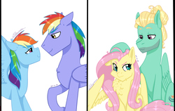 Size: 1893x1200 | Tagged: safe, artist:tejedora, fluttershy, rainbow blaze, rainbow dash, zephyr breeze, pegasus, pony, g4, brother and sister, brothers, female, male, mare, siblings, simple background, stallion
