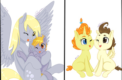 Size: 1821x1200 | Tagged: safe, artist:tejedora, crackle pop, derpy hooves, dinky hooves, pound cake, pumpkin cake, pegasus, pony, unicorn, g4, brother and sister, cake twins, colt, female, hug, male, mare, nuzzling, siblings, simple background, sisters, tongue out, underhoof, white background