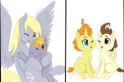 Size: 1821x1200 | Tagged: safe, artist:tejedora, crackle pop, derpy hooves, dinky hooves, pound cake, pumpkin cake, pegasus, pony, unicorn, g4, brother and sister, cake twins, colt, female, hug, male, mare, nuzzling, siblings, simple background, tongue out, underhoof, white background