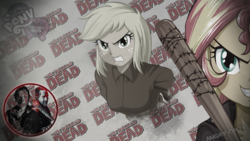 Size: 2560x1440 | Tagged: safe, artist:ngrycritic, applejack, sunset shimmer, equestria girls, g4, angry, barbed wire, baseball bat, clothes, cosplay, costume, crossover, grin, gritted teeth, negan, negan shimmer, rick grimes, smiling, smirk, the walking dead