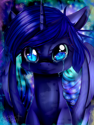 Size: 768x1024 | Tagged: safe, artist:wolfchen999, princess luna, alicorn, pony, g4, crying, female, looking at you, mare, missing accessory, slit pupils, solo