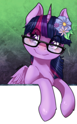Size: 900x1431 | Tagged: safe, artist:thasase1002, twilight sparkle, alicorn, pony, g4, chest fluff, cute, female, flower, flower in hair, glasses, mare, meganekko, smiling, solo, starry eyes, twiabetes, twilight sparkle (alicorn), wingding eyes