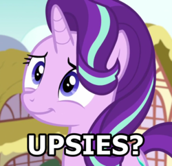 Size: 761x736 | Tagged: safe, edit, edited screencap, screencap, starlight glimmer, pony, unicorn, all bottled up, g4, blue eyes, bronybait, cropped, cute, cutie mark, female, glimmerbetes, hair flip, hair over one eye, horn, ponyville, question, smiling, solo, text, upsies