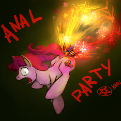 Size: 1000x1000 | Tagged: safe, artist:ursa, pinkie pie, earth pony, pony, g4, anal insertion, female, fireworks, insertion, scared, shrunken pupils, solo, this will end in fire, this will end in tears, wat, wide eyes
