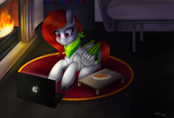 Size: 5000x3400 | Tagged: safe, artist:merienvip, oc, oc only, pegasus, pony, absurd resolution, apple (company), clothes, colored wings, computer, dish, female, fireplace, food, fork, laptop computer, mare, multicolored wings, pasta, pegasus oc, prone, scarf, smiling, solo, spaghetti