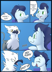 Size: 2570x3597 | Tagged: oc name needed, safe, artist:dosent, soarin', oc, griffon, pony, comic:friendly plucking, saddle up 2: creature comforts, g4, comic, explicit source, gay, high res, interspecies, male, shipping, stallion, text