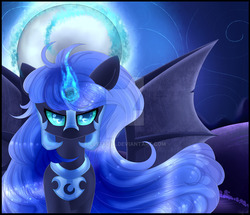 Size: 1024x881 | Tagged: safe, artist:clefficia, artist:cloud-drawings, nightmare moon, alicorn, bat pony, bat pony alicorn, pony, g4, angry, bat wings, colored pupils, female, looking at you, magic, mare, moon, redraw, solo, spread wings, standing, watermark, wings