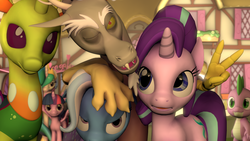 Size: 1280x720 | Tagged: safe, artist:johnsilents, discord, princess celestia, spike, starlight glimmer, thorax, trixie, twilight sparkle, alicorn, changedling, changeling, draconequus, dragon, pony, unicorn, g4, 3d, annoyed, king thorax, looking at you, one eye closed, reformed four, source filmmaker, trixie is not amused, twilight sparkle (alicorn), wink