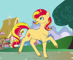 Size: 1024x840 | Tagged: safe, artist:uniquecolorchaos, sunset shimmer, pony, unicorn, g4, cute, female, happy, ponyville, realistic, smiling, solo, walking