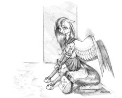 Size: 1400x1118 | Tagged: safe, artist:baron engel, fluttershy, pegasus, pony, semi-anthro, g4, bench, clothes, female, grayscale, mare, monochrome, pencil drawing, school uniform, simple background, sitting, skirt, solo, traditional art, white background