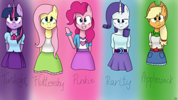 Size: 3840x2160 | Tagged: safe, artist:vicakukac200, applejack, fluttershy, pinkie pie, rarity, twilight sparkle, alicorn, anthro, g4, arm hooves, clothes, cowboy hat, equestria girls outfit, female, hat, high res, looking at you, mare, stetson, twilight sparkle (alicorn)