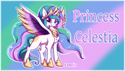 Size: 1797x1031 | Tagged: safe, artist:esmeia, princess celestia, alicorn, pony, g4, abstract background, chest fluff, crown, female, hoof shoes, jewelry, looking at you, mare, peytral, regalia, smiling, solo, spread wings, wings