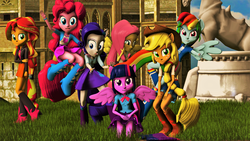 Size: 3840x2160 | Tagged: safe, artist:dj-chopin, artist:timetimeout, applejack, fluttershy, pinkie pie, rainbow dash, rarity, sunset shimmer, twilight sparkle, equestria girls, g4, 3d, boots, bowtie, bracelet, clothes, compression shorts, cowboy boots, cowboy hat, cute, denim skirt, grass, hat, high heel boots, high res, horse statue, humane five, humane seven, humane six, jackabetes, jacket, jewelry, leather jacket, leg warmers, legs, looking at you, ponied up, pony ears, ponytail, rainbow socks, skirt, skirt lift, sleeveless, socks, source filmmaker, statue, stetson, striped socks, tank top, twilight sparkle (alicorn), waving, wings, wristband