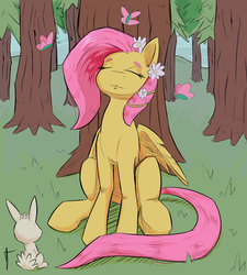 Size: 1024x1136 | Tagged: safe, artist:double-zr-tap, fluttershy, butterfly, pony, rabbit, g4, eyes closed, female, flower, flower in hair, forest, sitting, solo
