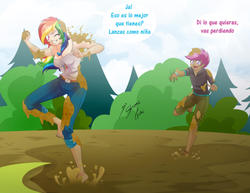 Size: 2786x2153 | Tagged: safe, artist:shinta-girl, rainbow dash, scootaloo, human, g4, barefoot, cute, dialogue, dirty feet, feet, female, high res, humanized, mud, scootalove, spanish, speech bubble, translated in the comments