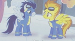 Size: 1099x610 | Tagged: safe, silver lining, silver zoom, soarin', spitfire, pony, g4, blind bag, clothes, female, goggles, looking at each other, male, needs more jpeg, toy, wonderbolts