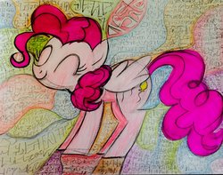 Size: 1024x808 | Tagged: safe, artist:lauren faust, artist:project-parallel, pinkie pie, pegasus, pony, g4, abstract background, eyes closed, female, happy, race swap, smiling, solo, traditional art