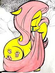 Size: 1024x1344 | Tagged: safe, artist:andypriceart, artist:project-parallel, fluttershy, pony, g4, crying, female, floppy ears, sitting, solo, trace, traditional art, wingless