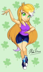 Size: 1682x2806 | Tagged: safe, artist:demonfox, oc, oc only, oc:shona lunar, equestria girls, g4, armpits, breasts, clothes, commission, converse, equestria girls-ified, female, green eyes, looking at you, shoes, shorts, smiling, solo