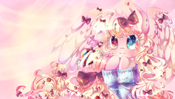 Size: 1920x1080 | Tagged: safe, artist:chocori, oc, oc only, oc:dream whisper, pegasus, pony, :3, bow, candy, clothes, cute, female, food, hair bow, heterochromia, mare, ocbetes, solo, starry eyes, wallpaper, wingding eyes
