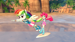 Size: 7680x4320 | Tagged: safe, artist:keksiarts, pinkie pie, rainbow dash, equestria girls, g4, 3d, absurd resolution, balloon, boots, bracelet, clothes, compression shorts, flying, high heel boots, jewelry, ponied up, pony ears, ponytail, raised leg, rock, skirt, socks, source filmmaker, surfboard, tail hold, tree, water, wings, wristband