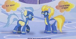 Size: 323x168 | Tagged: safe, lightning streak, misty fly, pegasus, pony, g4, clothes, cloud, duo, folded wings, goggles, male, stallion, text, uniform, wings, wonderbolts, wonderbolts uniform