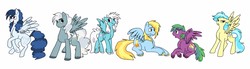 Size: 1805x498 | Tagged: safe, artist:thewonderpuppet, fleetfoot, high winds, lightning streak, misty fly, rapidfire, silver lining, silver zoom, pony, g4, alternate hairstyle, gay, male, red eyes, simple background, unshorn fetlocks, white background